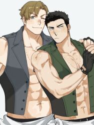  2boys abs ao_isami averting_eyes bara bare_pectorals black_hair blonde_hair blue_eyes blue_vest blush closed_mouth couple dog_tags facial_hair fingerless_gloves gloves green_vest hand_on_another&#039;s_shoulder highres lapels lewis_smith looking_at_viewer male_focus multiple_boys muscular muscular_male navel notched_lapels one_eye_closed pectorals short_hair sideburns_stubble simple_background sleeveless stubble upper_body vest wanijima white_background yaoi yuuki_bakuhatsu_bang_bravern 