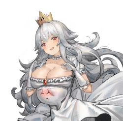 1girl :d absurdres blush boo_(mario) breast_lift breasts c2h6o cleavage collarbone crown dress elbow_gloves frills frown gloves grey_dress grey_hair hair_between_eyes highres huge_filesize large_breasts long_hair looking_at_viewer luigi&#039;s_mansion mario_(series) new_super_mario_bros._u_deluxe nintendo open_mouth princess_king_boo puffy_short_sleeves puffy_sleeves red_eyes short_sleeves simple_background smile super_crown white_background white_gloves rating:Sensitive score:14 user:danbooru