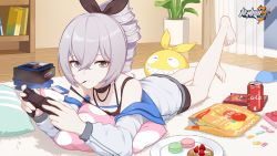  1girl absurdres bare_legs barefoot bike_shorts bronya_zaychik can controller drill_hair drink_can expressionless food grey_eyes grey_hair half-closed_eyes highres homu_(honkai_impact) honkai_(series) honkai_impact_3rd legs_up looking_at_viewer lying official_art on_stomach pillow playing_games pocky soda_can tagme  rating:Sensitive score:14 user:kamoe