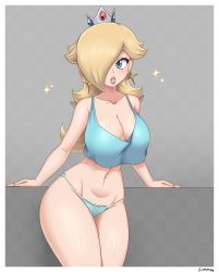  1girl absurdres blonde_hair blue_eyes blue_shirt camisole checkered_background collarbone grey_background hair_over_one_eye highres leaning_forward long_hair looking_at_viewer mario_(series) navel nintendo panties rosalina shirt simmsy simple_background sleeveless solo standing super_mario_galaxy underwear  rating:Questionable score:108 user:Vardigiil