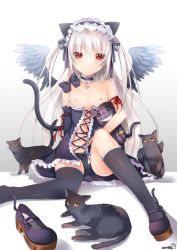  1girl animal_ears black_legwear breasts cat_ears cat_tail cats duji_amo nipples one_shoe_off original red_eyes simple_background sitting smile tagme tail thighhighs white_hair wings  rating:Questionable score:16 user:shadow2345