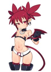 1girl bare_shoulders basukechi belt black_gloves blush boots bracelet breasts choker cowboy_shot crop_top demon_girl demon_tail demon_wings disgaea earrings etna_(disgaea) gloves highres jewelry loli looking_at_viewer makai_senki_disgaea matching_hair/eyes navel pointy_ears red_eyes red_hair red_thighhighs revealing_clothes short_shorts short_twintails shorts simple_background skindentation skull_earrings small_breasts solo standing tail thigh_boots thighhighs twintails white_background wings rating:Questionable score:68 user:DarkToonLink