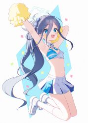  1girl absurdly_long_hair absurdres aris_(blue_archive) armpits black_hair blue_archive blue_eyes blue_halo blush breasts cheering cheerleader cosplay full_body halo hibiki_(blue_archive) hibiki_(blue_archive)_(cosplay) hibiki_(cheer_squad)_(blue_archive) highres holding holding_pom_poms long_hair millennium_cheerleader_outfit_(blue_archive) navel open_mouth pom_pom_(cheerleading) pom_poms ringed_eyes shoes small_breasts smile socks solo supersugar very_long_hair white_footwear white_socks 