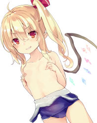 1girl absurdres bad_id bad_pixiv_id blonde_hair blush breasts clothes_pull covering_nipples covering_privates crystal dutch_angle fang flandre_scarlet grin hair_ribbon highres kedama_milk looking_at_viewer one-piece_swimsuit one-piece_swimsuit_pull pointy_ears red_eyes ribbon side_ponytail simple_background small_breasts smile solo swimsuit touhou white_background wings rating:Questionable score:49 user:danbooru