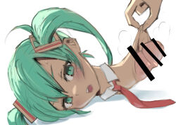  1girl 1other aqua_eyes aqua_hair bar_censor borusen censored detached_collar dickneck eyebrows_hidden_by_hair foreskin_pull hatsune_miku lying matching_hair/eyes necktie on_ground on_side out_of_frame red_necktie simple_background tsurime vocaloid white_background 