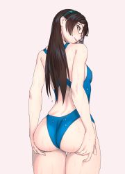 1girl alternate_costume ass ass_grab bare_shoulders black_hair blue_one-piece_swimsuit blush breasts commentary_request competition_swimsuit cowboy_shot from_behind glasses green_eyes hairband highleg highleg_swimsuit highres kantai_collection long_hair looking_at_viewer looking_back one-piece_swimsuit ooyodo_(kancolle) semi-rimless_eyewear simple_background skindentation small_breasts solo standing swimsuit under-rim_eyewear water water_drop wet yuuji_(and) rating:Sensitive score:45 user:danbooru