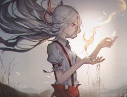  1girl a_maru arm_belt artist_name bad_id bad_pixiv_id baggy_pants bare_tree blouse blurry bow chromatic_aberration closed_mouth collared_shirt depth_of_field facing_away fire floating_hair from_side fujiwara_no_mokou grey_sky hair_bow highres huge_filesize long_hair ofuda pants red_eyes red_pants shirt silver_hair sky solo sparks suspenders torn_clothes torn_sleeves touhou tree very_long_hair white_bow white_shirt  rating:Sensitive score:4 user:danbooru