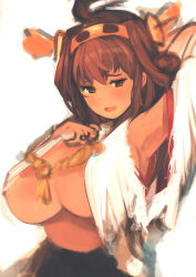  10s 1girl arm_behind_head arm_up armpits bare_shoulders breasts brown_eyes brown_hair cleavage female_focus hair_ornament huge_breasts japanese_clothes kantai_collection kongou_(kancolle) long_hair looking_at_viewer no_bra open_clothes open_mouth rokuhara_(10687811) simple_background solo standing upper_body white_background 