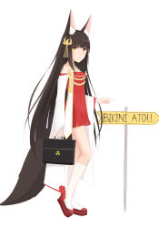  1girl absurdres animal_ears arrow_(symbol) azur_lane bag bare_shoulders bird_hair_ornament black_hair blunt_bangs collarbone commentary detached_sleeves dress english_commentary fox_ears fox_girl fox_tail full_body hair_ornament highres holding holding_bag jewelry kneehighs long_hair looking_at_viewer nagato_(azur_lane) necklace off-shoulder_dress off_shoulder operation_crossroads parted_lips pointing radiation_symbol radioactive red_socks shasha_(shasha159357) sidelocks signpost simple_background socks solo strapless strapless_dress tail white_background white_socks wide_sleeves yellow_eyes 