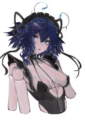  1girl antennae arthropod_girl blue_eyes blue_hair breasts cleavage commentary english_commentary extra_arms goth_fashion highres looking_at_viewer maid_headdress medium_breasts medium_hair mole mole_under_eye original short_hair simple_background solo tomatolover16 upper_body white_background  rating:Sensitive score:12 user:danbooru