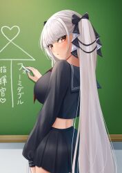 1girl absurdly_long_hair artist_request azur_lane breasts chalkboard crop_top formidable_(azur_lane) formidable_(the_lover&#039;s_heart_flutters_on_duty)_(azur_lane) hair_ribbon highres huge_breasts long_hair miniskirt official_alternate_costume red_eyes ribbon sailor_collar school_uniform skirt solo twintails very_long_hair