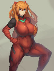  1girl alternate_breast_size bad_id bad_pixiv_id blue_eyes bodysuit breasts covered_erect_nipples curvy grey_background hair_between_eyes hair_ribbon hand_on_own_hip hands_on_own_hips highres huge_breasts long_hair looking_at_viewer metal_owl_(aden12) muscular muscular_female neon_genesis_evangelion orange_hair parted_lips plugsuit plump puffy_nipples ribbon solo souryuu_asuka_langley thick_thighs thighs wide_hips  rating:Questionable score:238 user:Nemm