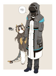  1boy 1girl absurdres aged_down arknights black_coat black_footwear black_gloves black_hair black_pants brown_background brown_hair child chinese_clothes chong_yue_(arknights) closed_mouth coat collared_coat colored_extremities commentary_request doctor_(arknights) dragon_boy dragon_horns dragon_tail female_doctor_(arknights) full_body gloves hand_grab hands_up high_collar highres hood hood_up hooded_coat horns korean_commentary korean_text long_hair long_sleeves looking_at_another low_ponytail mask multicolored_hair pants red_eyes shoes simple_background speech_bubble streaked_hair tail translation_request walhee221 white_footwear white_pants wide_sleeves 