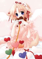 1girl animal_ears blue_eyes candy chain chain_leash chocolate chocolate_heart collar dog_ears dog_tail eating food garter_belt hairband heart leash lolita_hairband pure_pure sachi_(pure_pure) sakurazawa_izumi solo tail thighhighs white_thighhighs wings rating:Questionable score:5 user:danbooru