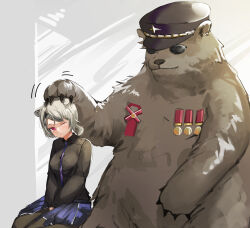  1girl absinthe_(arknights) absurdres animal animal_ears ao_oni_(onioni-aoi) arknights award_ribbon bear bear_ears bear_girl black_hat black_pantyhose black_shirt closed_mouth collared_shirt commentary_request cowboy_shot grey_background grey_hair hat headpat highres long_sleeves medal military_hat motion_lines necktie one_eye_closed pantyhose partial_commentary pleated_skirt puffy_long_sleeves puffy_sleeves purple_necktie purple_skirt red_eyes shirt short_hair sitting skirt solo sparkle sunglasses  rating:Sensitive score:3 user:danbooru