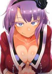  10s 1girl bad_id bad_twitter_id blue_eyes blush breasts cleavage cleavage_cutout clothes_pull clothing_cutout colored_eyelashes dagashi_kashi eyebrows female_focus flower hair_flower hair_ornament hairband large_breasts long_hair looking_at_viewer nuezou purple_hair raised_eyebrows sanpaku shidare_hotaru shirt_pull simple_background smile solo upper_body white_background  rating:Questionable score:156 user:danbooru