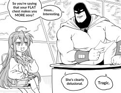  1boy 1girl :3 :d absurdres ahoge bb_(baalbuddy) bodysuit cape cartoon_network chair commentary crossover desk english_commentary english_text flat_chest greyscale highres interview izumi_konata jitome long_hair long_sleeves looking_at_another lucky_star monochrome muscular muscular_male open_mouth pleated_skirt school_uniform sitting skirt smile space_ghost space_ghost_(series) space_ghost_coast_to_coast speech_bubble superhero_costume 
