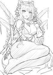  1girl blush bra breasts cleavage coat collared_shirt crown_(nikke) diadem drill_hair goddess_of_victory:_nikke greyscale hair_ornament headgear highres jewelry large_breasts long_hair looking_at_viewer monochrome necklace open_clothes open_shirt pantyhose parted_lips shirt sitting solo thighs twirling_hair underwear yougenko 