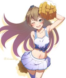  1girl ;d absurdres alternate_costume bare_shoulders brown_hair cheerleader crop_top green_eyes hair_ornament highres holding holding_pom_poms kantai_collection kumano_(kancolle) liking long_hair looking_at_viewer midriff miniskirt navel one-hour_drawing_challenge one_eye_closed open_mouth pleated_skirt pom_pom_(cheerleading) pom_poms ponytail simple_background skirt smile solo twitter_username white_background 