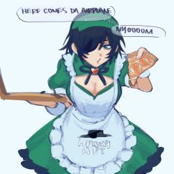  apron chainsaw_man cigarette cleavage_cutout clothing_cutout cross_tie eyepatch food green_eyes heart_ornament highres himeno_(chainsaw_man) light_blue_background liowig maid maid_apron pizza pizza_box pizza_slice simple_background simple_background speech_bubble visor_cap white_background  rating:General score:8 user:damnoranges