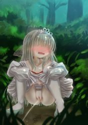 1girl blonde_hair blush bow bowtie bush censored clothes_pull collarbone dress embarrassed forest grass green_footwear highres kokutenken loli long_hair long_sleeves looking_to_the_side nature open_mouth pantyhose pantyhose_pull peeing princess puddle pussy red_neckwear shoes squatting steam sweat tiara tree veil white_dress white_pantyhose rating:Explicit score:60 user:cpee