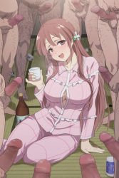 10s 1girl 6+boys :d ahoge blush bottle breasts brown_eyes brown_hair censored center_opening clothed_female_nude_male cup hair_down imminent_gangbang large_breasts long_hair long_sleeves mosaic_censoring multiple_boys mushiro_(nijie728995) nude open_mouth pajamas pants penis pinky_out sake_bottle sakura_quest shinomiya_shiori sitting smile surrounded_by_penises testicles yokozuwari yunomi rating:Explicit score:272 user:danbooru