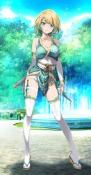  1girl bare_shoulders bench blonde_hair bloom blue_eyes breasts bush cleavage earrings elbow_gloves fire_emblem fire_emblem_heroes fjorm_(fire_emblem) fjorm_(ninja)_(fire_emblem) fountain gloves gradient_hair highres holding holding_weapon jewelry kunai looking_at_viewer medium_breasts multicolored_hair ninja nintendo official_alternate_costume outdoors park park_bench road sandals short_hair short_shorts shorts shuriken smile solo sunlight thighhighs tree tsukishiro_saika weapon white_gloves white_mask white_shorts white_thighhighs zouri 