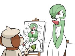  alternate_color blush bob_cut breasts canvas_(object) closed_mouth colored_skin creatures_(company) easel flat_chest game_freak gardevoir gen_2_pokemon gen_3_pokemon green_hair green_skin hair_over_one_eye hat highres large_breasts modeling multicolored_skin nakineiriko_(dafdafson) nintendo one_eye_covered pokemon pokemon_(creature) portrait red_eyes short_hair simple_background smeargle smile stool tail tongue tongue_out two-tone_skin white_skin 