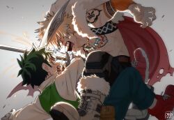  2boys angry arm_tattoo bakugou_katsuki battle blonde_hair boku_no_hero_academia cape collared_shirt ear_piercing elbow_sleeves freckles fur-trimmed_cape fur_trim gloves green_eyes green_hair grimmy666666 jewelry looking_at_another male_focus midoriya_izuku multiple_boys muscular muscular_male necklace official_alternate_costume pants piercing pouch red_eyes shirt shoes spiked_hair sword tattoo vest weapon 