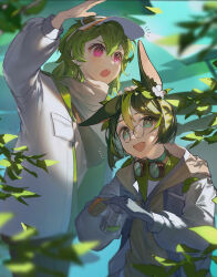  1boy 1girl animal_ears arm_up blunt_ends blurry collei_(genshin_impact) collei_(kiehls&#039;)_(genshin_impact) commentary container depth_of_field flower fox_boy fox_ears genshin_impact glasses gloves goggles goggles_around_neck green_eyes green_hair green_shirt hair_between_eyes hair_flower hair_ornament hand_on_another&#039;s_head hand_up hands_up high_collar highres holding jacket leaf lid light_blush long_sleeves medium_hair multicolored_hair notice_lines open_mouth outdoors poscorn617 puffy_long_sleeves puffy_sleeves purple_eyes round_eyewear shirt short_hair smile streaked_hair symbol-only_commentary teeth tighnari_(genshin_impact) tighnari_(kiehls&#039;)_(genshin_impact) turtleneck turtleneck_shirt two-tone_hair upper_teeth_only visor_cap white_flower white_gloves white_jacket white_shirt 