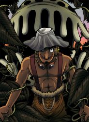  1boy abs black_hair carnivorous_plant facial_hair goatee goggles hat headphones male_focus muscular one_piece plant pop_green topless_male smile solo suspenders usopp vines  rating:Sensitive score:27 user:Vla8islav