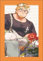  1boy absurdres bara black_shirt closed_mouth collarbone daisy facial_hair feet_out_of_frame floral_print flower glasses gloves goatee green_hair grey_overalls grid_background hair_flower hair_ornament highres hippolytus_(housamo) light_brown_hair looking_at_viewer male_focus multicolored_hair overalls plant puffy_chest sawch_cls shirt short_sleeves sideburns_stubble sitting solo stubble thick_eyebrows tokyo_houkago_summoners two-tone_hair white_gloves writing 