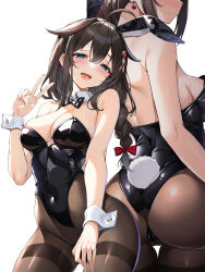  1girl :d absurdres ahoge animal_ears ass black_bow black_bowtie black_hair black_leotard blue_eyes bow bowtie braid breasts brown_pantyhose cameltoe cleavage commentary_request covered_navel dangle_earrings detached_collar earrings fake_animal_ears fake_tail hair_between_eyes hair_ornament hairpin highleg highleg_leotard highres jewelry kantai_collection large_breasts leotard long_hair looking_at_viewer multiple_views open_mouth pantyhose playboy_bunny rabbit_ears rabbit_tail shigure_(kancolle) shigure_kai_ni_(kancolle) sideboob single_braid smile tail torisan traditional_bowtie v white_background white_wrist_cuffs wrist_cuffs  rating:Sensitive score:10 user:danbooru