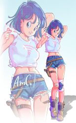  1girl absurdres amachu_a arm_behind_head bandaid bandaid_on_knee bandaid_on_leg blue_eyes blue_hair blue_shorts boots breasts bulma commentary covered_erect_nipples dragon_ball dragon_ball_(classic) gun handgun highres holster holstered knee_pads medium_breasts midriff navel shirt short_hair short_shorts shorts single_knee_pad smile solo t-shirt thigh_holster tied_shirt torn_clothes torn_shorts weapon zoom_layer 