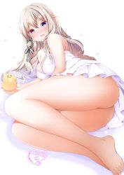  1girl absurdres ahoge ass azur_lane azur_lane:_slow_ahead bangs bare_legs barefoot bird breasts commentary_request dress feet hair_ribbon heterochromia highres long_hair looking_at_viewer lying manjuu_(azur_lane) medium_breasts murmansk_(azur_lane) nightgown official_alternate_costume on_side open_mouth origami_aya platinum_blonde_hair purple_eyes ribbon sidelocks signature simple_background smile spaghetti_strap thighs toes wavy_hair white_background white_dress white_nightgown 