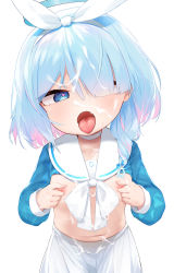  1girl absurdres aqua_hair arona_(blue_archive) blue_archive blue_eyes blush braid clothes_lift cuffs cum cum_on_clothes facial female_focus hair_between_eyes hair_over_one_eye hair_ribbon halo heart heart-shaped_pupils highres loli longcloud looking_at_viewer multicolored_hair nipple_stimulation nipple_tweak nipples open_mouth pink_hair ribbon school_uniform serafuku shirt_lift short_hair simple_background single_braid skirt solo streaked_hair symbol-shaped_pupils tongue tongue_out white_skirt  rating:Explicit score:132 user:andnynyo