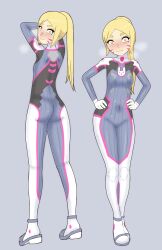  1girl ass blonde_hair blush bodysuit breasts cosplay covered_erect_nipples d.va_(overwatch) d.va_(overwatch)_(cosplay) facing_viewer hands_on_own_hips highres looking_at_viewer looking_back mari_gold mole mole_under_eye orange_eyes original overwatch ponytail rong_rong see-through small_breasts solo standing tagme thick_eyebrows  rating:Questionable score:19 user:SuaraDota