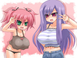 2girls alexi_(tits!) blush breasts denim fang female_focus green_eyes huge_breasts jeans large_breasts long_hair midriff multiple_girls open_mouth original panties pants pink_hair purple_hair red_eyes smile tank_top twintails underwear v wallpaper wristband rating:Questionable score:62 user:dshark
