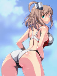  10s 1girl ass blue_eyes breasts brown_hair competition_swimsuit from_behind kantai_collection large_breasts leaning_forward long_hair looking_at_viewer looking_back monteriakitto one-piece_swimsuit ponytail saratoga_(kancolle) side_ponytail sidelocks solo swimsuit white_one-piece_swimsuit  rating:Sensitive score:44 user:danbooru