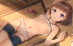 1girl absurdres armpits bare_arms blue_shorts blush breasts brown_hair camisole camisole_lift cleft_of_venus clothes_lift clothes_pull collarbone condom condom_packet_strip condom_wrapper denim denim_shorts female_focus from_above hairband highres huge_filesize indoors loli looking_at_viewer lying mole mole_under_eye navel nipples on_back on_floor open_clothes open_mouth open_shorts original panties pink_hairband polka_dot polka_dot_panties purple_eyes pussy_juice shirt shirt_lift short_hair short_shorts shorts shorts_pull skywalker0610 sleeveless sleeveless_shirt small_breasts solo spaghetti_strap tatami thigh_gap underwear white_panties white_shirt rating:Explicit score:209 user:danbooru