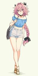  1boy :o alternate_costume astolfo_(fate) bag bare_legs bare_shoulders black_bow black_neckwear blue_shirt blush bow braid casual choker collarbone commentary crossed_legs fate/grand_order fate_(series) full_body hair_between_eyes hair_bow hair_intakes handbag heart heart_choker highres long_hair looking_at_viewer male_focus multicolored_hair navel off-shoulder_shirt off_shoulder open_mouth pas_(paxiti) sandals shirt shorts shoulder_bag simple_background single_braid solo standing stomach streaked_hair thigh_gap trap very_long_hair watson_cross white_hair white_shorts yellow_background  rating:Sensitive score:154 user:danbooru