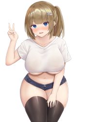  1girl absurdres bad_id bad_pixiv_id black_thighhighs blouse blue_eyes blush breasts brown_hair commission curvy hair_ornament highres huge_breasts kusana_(dudqja602) large_breasts legs_together long_hair looking_at_viewer nail_polish navel open_mouth original pixiv_commission ponytail shirt short_shorts shorts simple_background smile solo t-shirt thick_thighs thighhighs thighs underboob white_background white_shirt wide_hips  rating:Questionable score:56 user:MFLover12