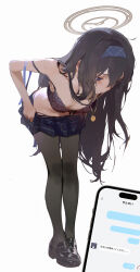  1girl bent_over black_bra black_footwear black_hair black_panties black_pantyhose blue_archive blue_hairband bra brown_halo cellphone_photo closed_mouth clothes_pull drive_shot full_body hairband halo highres jewelry loafers long_hair panties pantyhose pendant purple_eyes shoes simple_background skirt skirt_pull solo standing strap_slip text_messaging ui_(blue_archive) underwear undressing white_background  rating:Sensitive score:27 user:danbooru