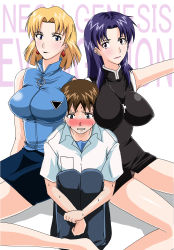  1boy 2girls absurdres akagi_ritsuko bare_arms bare_legs bare_shoulders bibi_(kairanbangate) black_dress black_skirt blonde_hair blue_eyes blue_shirt blush breast_smother breasts brown_hair clenched_hands closed_mouth collared_shirt covered_erect_nipples cross cross_necklace dress earrings face_to_breasts hetero highres ikari_shinji jewelry katsuragi_misato large_breasts long_hair looking_at_another looking_down miniskirt mole multiple_breast_smother multiple_girls neck necklace neon_genesis_evangelion nervous pants parted_bangs parted_lips pencil_skirt purple_eyes purple_hair school_uniform shadow shirt short_dress short_hair shy sitting skirt sleeveless sleeveless_dress sleeveless_shirt smile straight_hair sweat white_shirt 