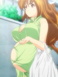  1girl aizawa_haruna big_belly breasts brown_eyes brown_hair dress groceries hair_ribbon large_breasts long_hair mature_female outdoors pregnant public_indecency rape!_rape!_rape! pregnant ribbon smile stitched third-party_edit  rating:Questionable score:84 user:azurate