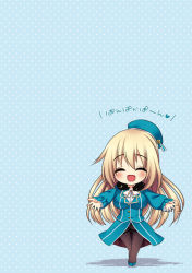 1girl atago_(kancolle) beret black_pantyhose blonde_hair blue_background blue_hat blue_jacket blue_skirt blush bow bowtie breasts chibi closed_eyes commentary_request full_body hair_between_eyes hat jacket kantai_collection large_breasts long_hair long_sleeves military military_uniform miya_(chocolate_holic) no_gloves open_mouth pan-pa-ka-paaan! pantyhose polka_dot polka_dot_background skirt smile solo uniform white_bow white_bowtie