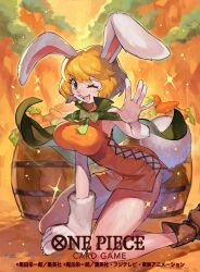  animal_ears barrel blonde_hair body_fur breasts brown_eyes brown_footwear cape carrot carrot_(one_piece) copyright_name cross-laced_clothes cross-laced_dress dress feet_out_of_frame furry furry_female green_cape highres kneeling large_breasts official_art one_eye_closed one_piece one_piece_card_game orange_dress rabbit_ears rabbit_girl rabbit_tail short_hair sparkle tail tapioka_chaso white_fur white_tail 