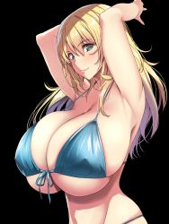 1girl atago_(kancolle) bikini blonde_hair blue_bikini breasts cleavage from_side front-tie_bikini_top front-tie_top hair_between_eyes highres huge_breasts kantai_collection kloah long_hair looking_at_viewer mole mole_under_eye open_mouth simple_background smile solo stomach swimsuit rating:Questionable score:93 user:Manwe
