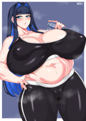  1girl absurdres blue_eyes blue_hair blunt_bangs blush bottle breasts cameltoe cleavage collarbone colored_inner_hair covered_erect_nipples cowboy_shot ear_piercing from_below hair_intakes hand_on_own_hip highres hololive hololive_english huge_breasts long_hair looking_at_viewer midriff multicolored_hair navel no_bra nonsense ouro_kronii pants parted_lips piercing plump sidelocks signature skindentation solo standing sweat tank_top thick_thighs thighs very_long_hair virtual_youtuber water_bottle wide_hips wirberlwind yoga_pants 