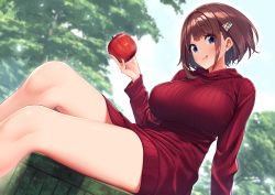  1girl :q absurdres apple baffu bare_legs blue_eyes blush breasts brown_hair closed_mouth dress dutch_angle feet_out_of_frame food from_side fruit hair_ornament hairclip highres hitoyo_(baffu) holding holding_food holding_fruit large_breasts long_sleeves original red_dress red_sweater short_hair sitting smile solo sweater sweater_dress thighs tongue tongue_out tree  rating:Sensitive score:28 user:danbooru